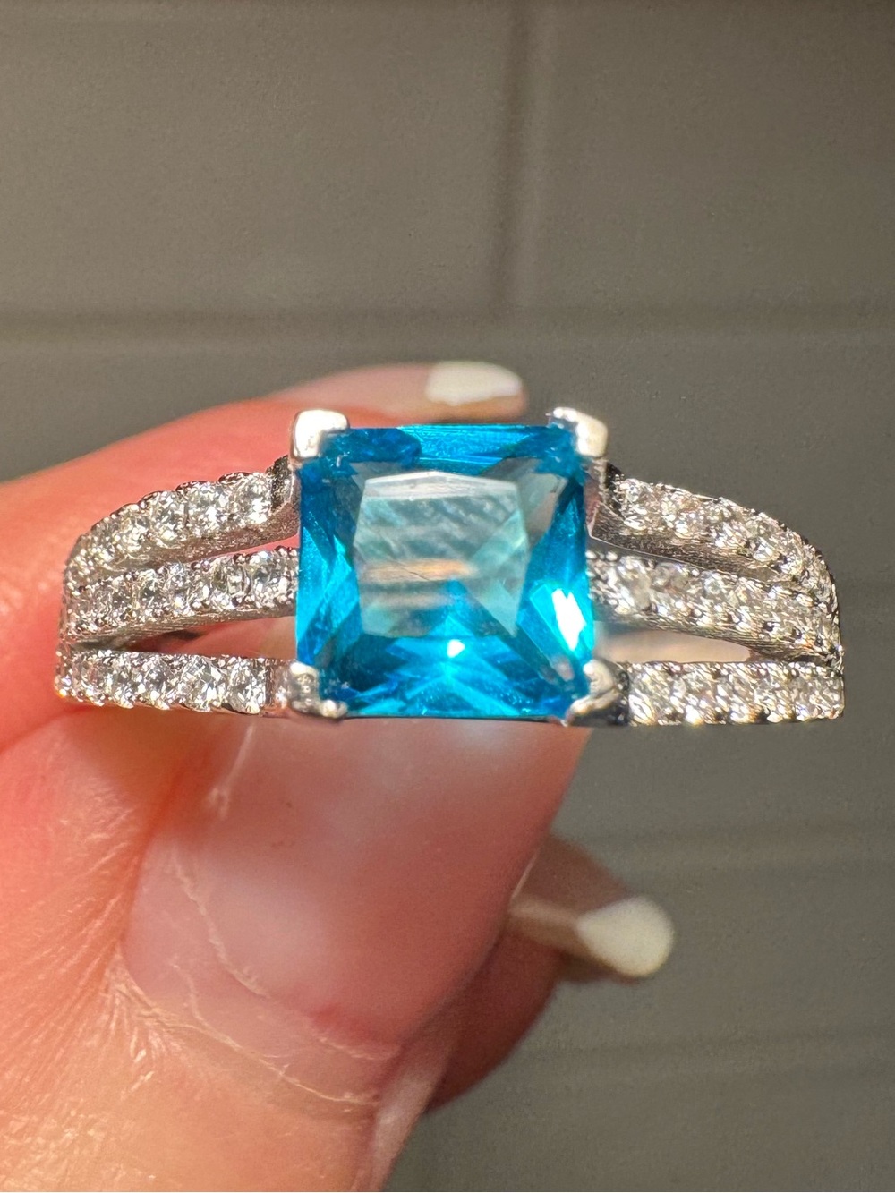 Sterling Silver Blue Topaz Ring with Pavé Accents - Sz 8